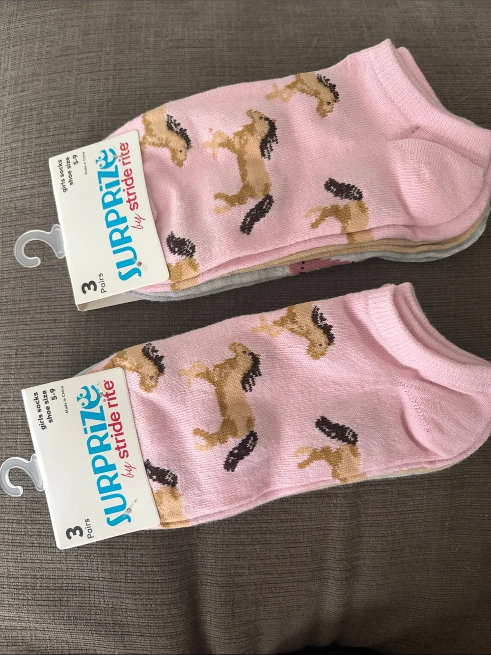 Stride Rite Pink Ankle Socks with Horse Motif -  Two-3 Pack